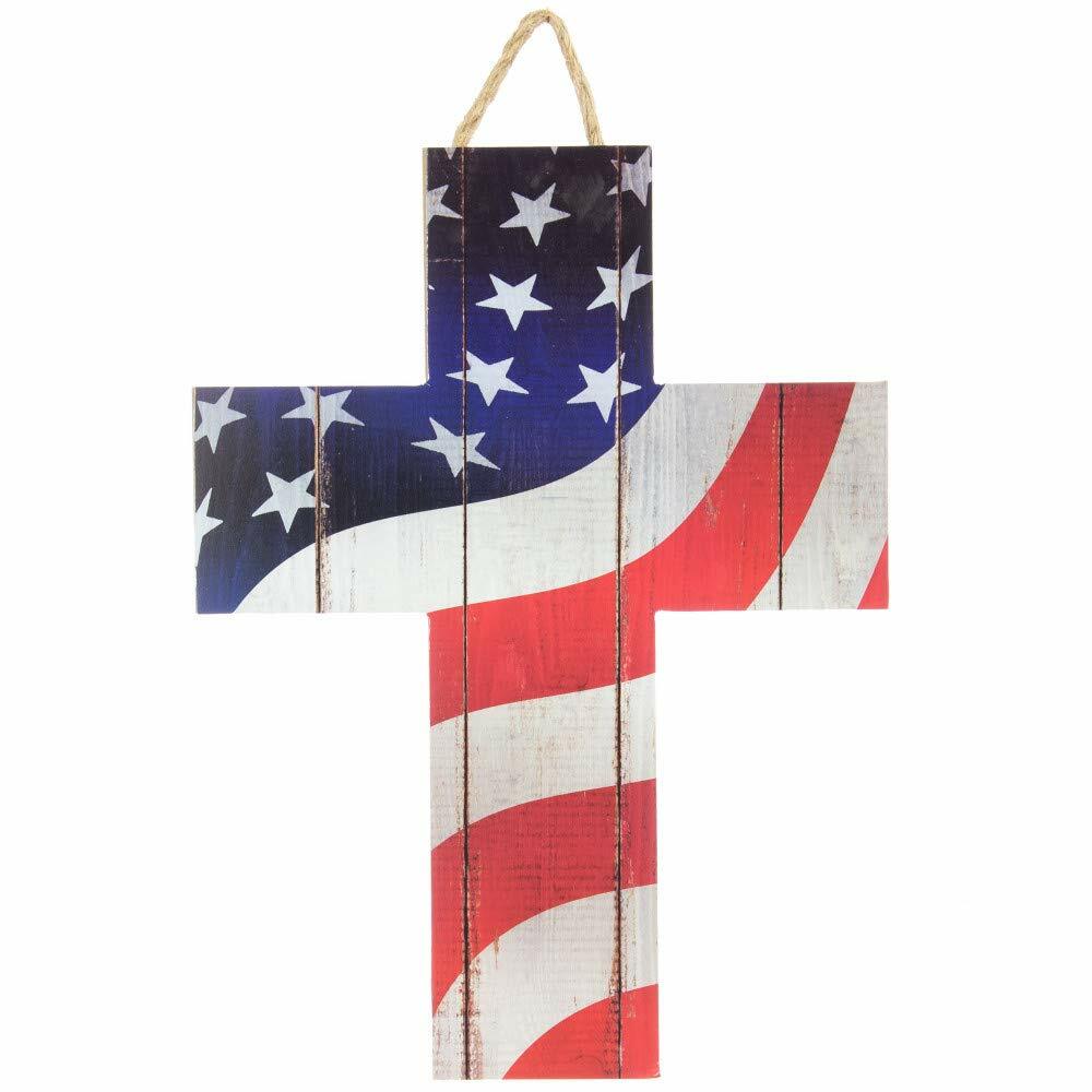 Patriotic American Flag Cross Sign – 13″ x 10″, 4th of July, Christian Decor