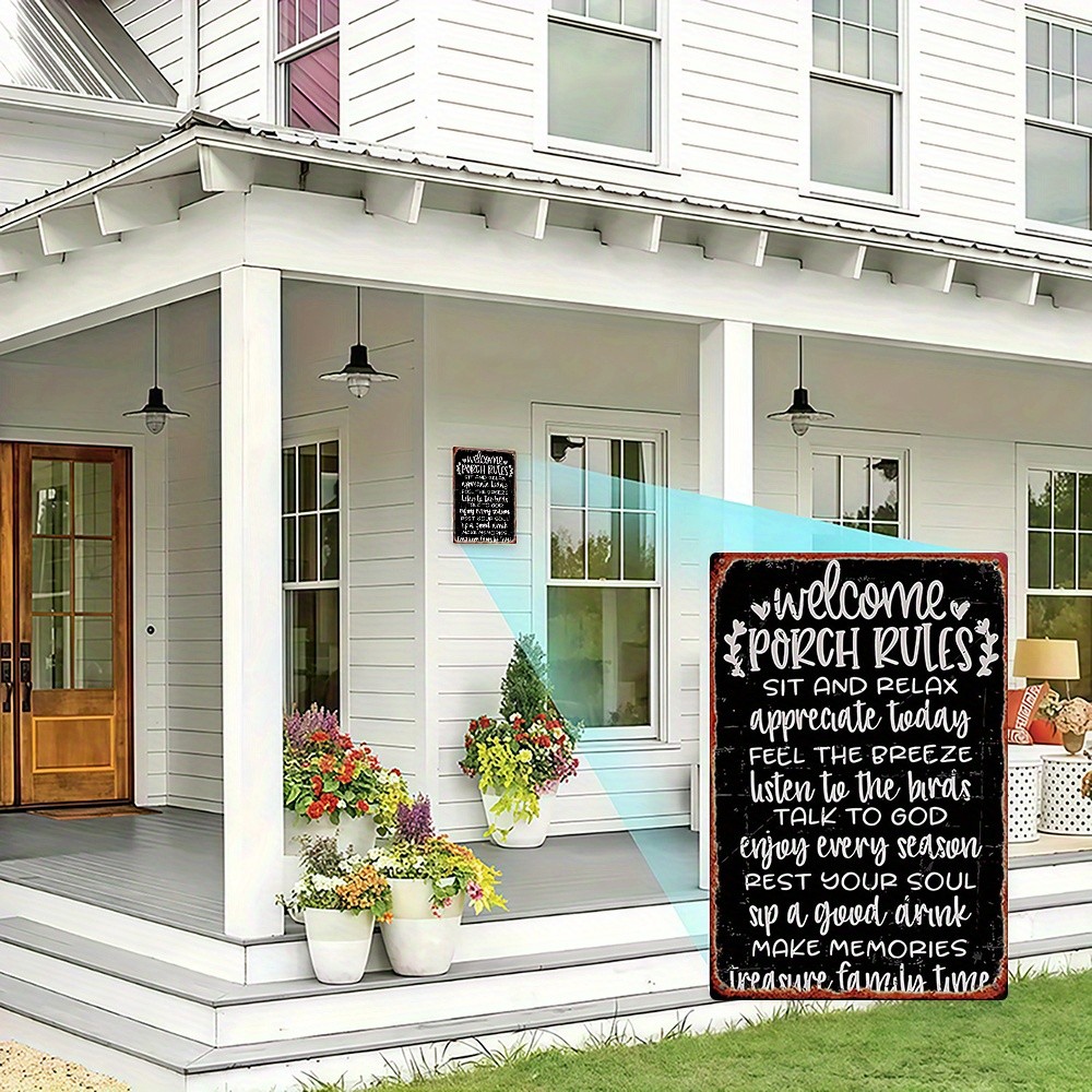 Vintage Metal Sign Porch Rules 8×12 Distressed Decor