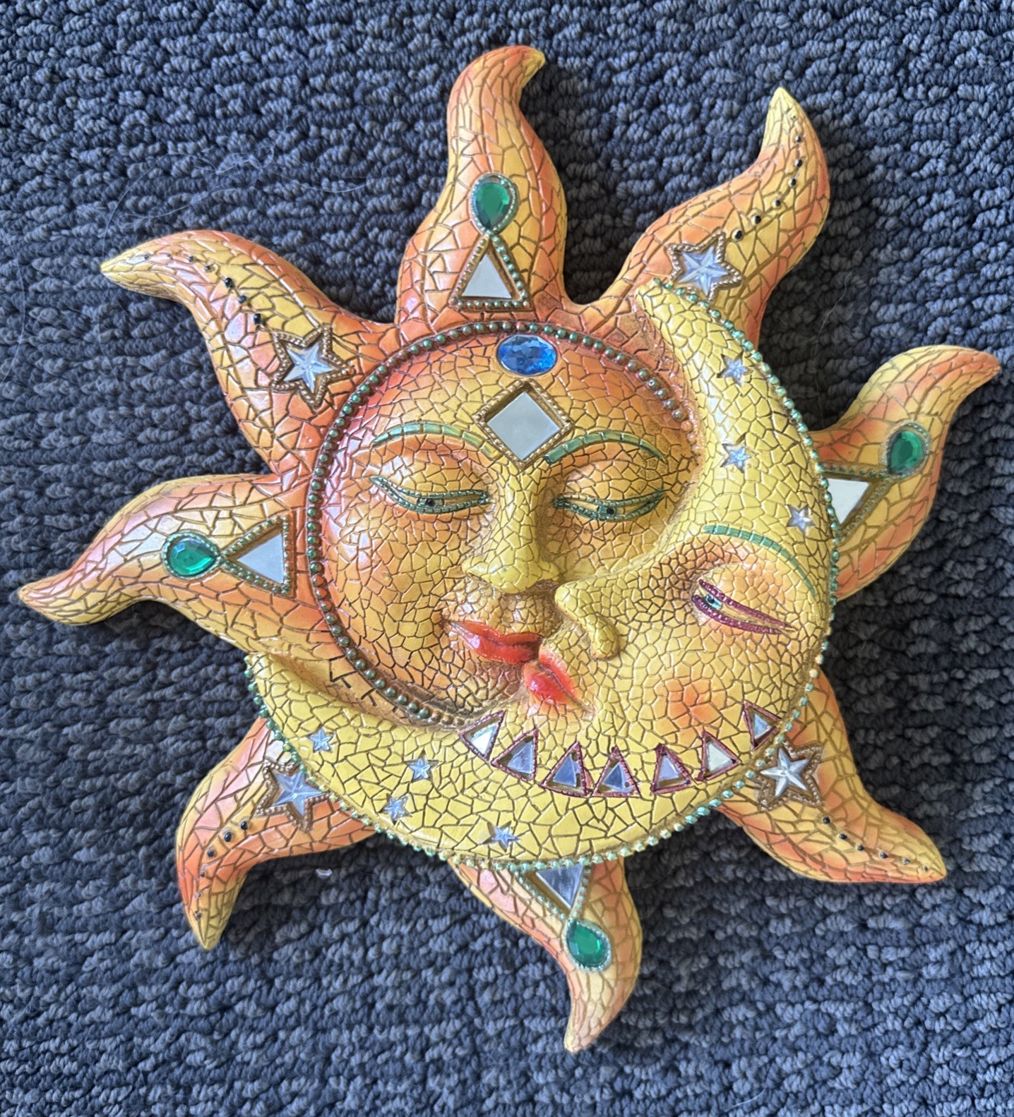 Celestial Orange Mosaic Face Sun with Yellow Mosaic Moon, 13″H Wall Plaque Decor
