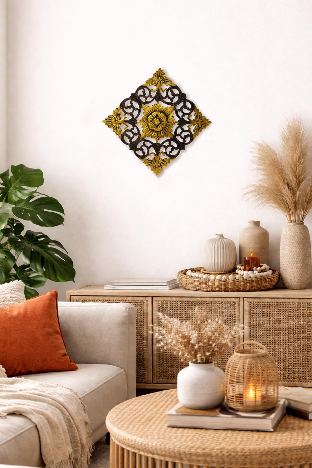 Hand Carved Teak Wood Wall Art Panel – 11-Inch Rustic Flower Design Decor