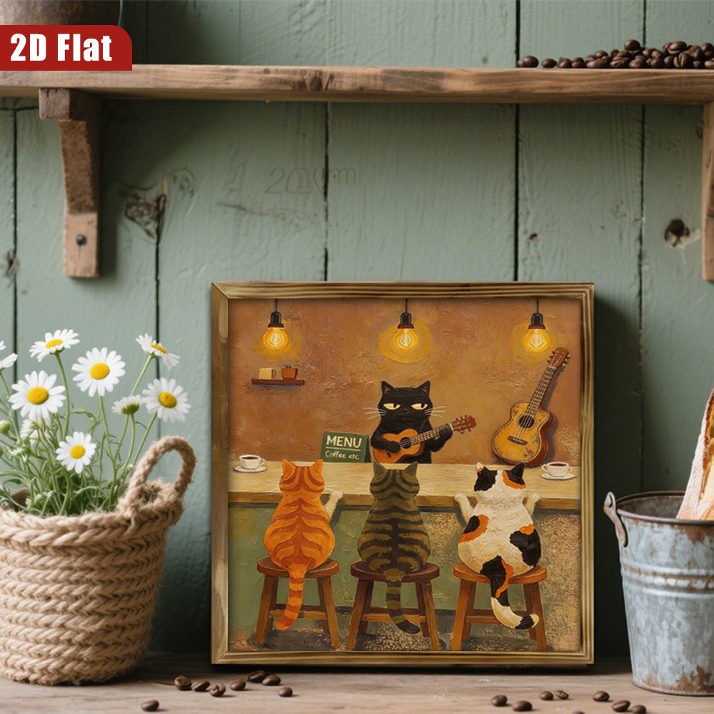Retro Oil Painting Cat Band Guitar Coffee Bar Whimsical Living Room Wall Plaque
