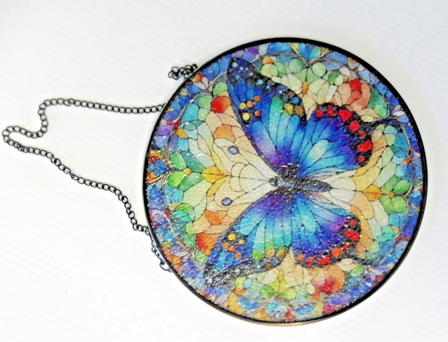 Blue Butterfly Suncatcher Multicolor Geometric Window Art Stained Glass Style 8″