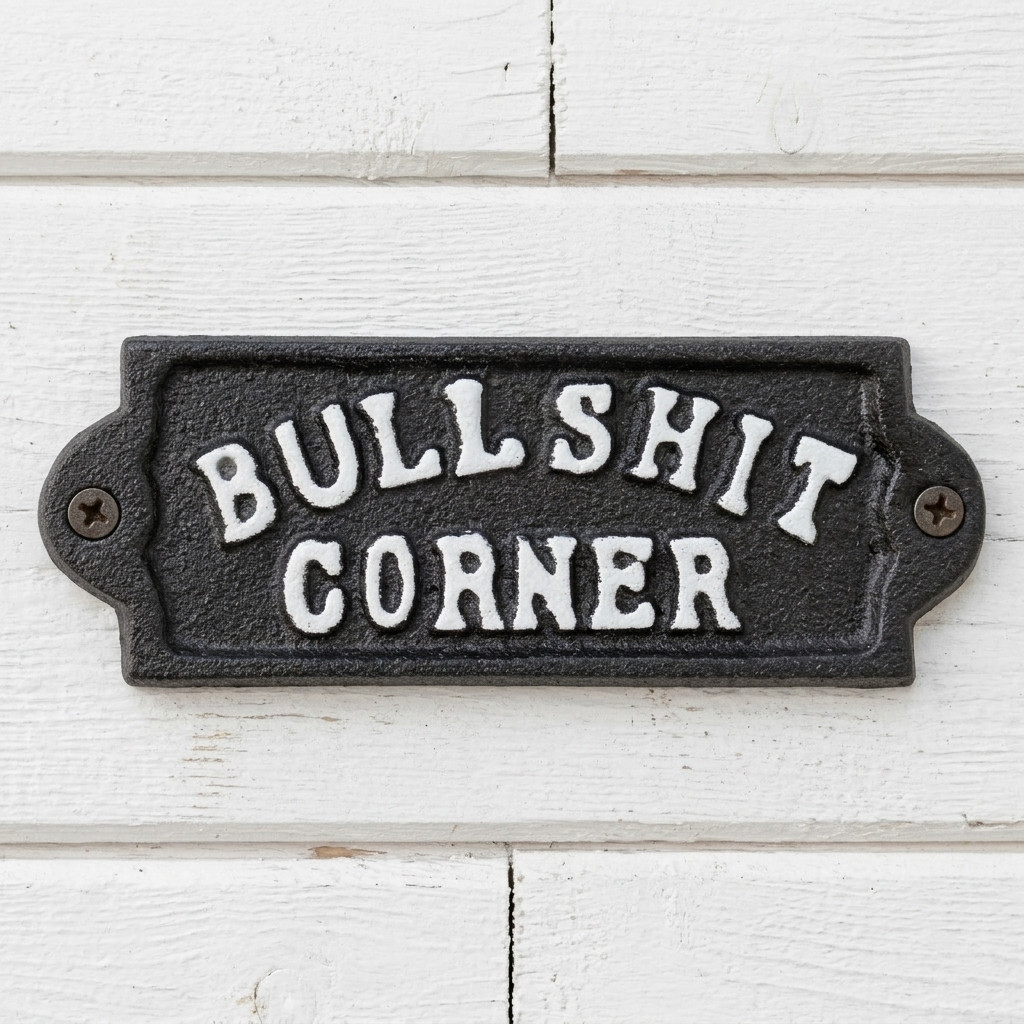 Cast Iron Bullshit Corner Sign Man Cave Wall Decor Plaque Embossed Black & White