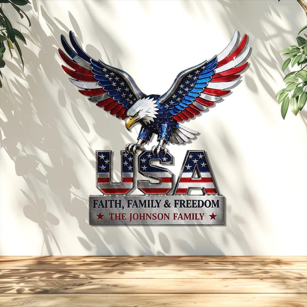 Custom USA Eagle Metal Sign, Patriotic Family Name Wall Art, American Flag Eagle