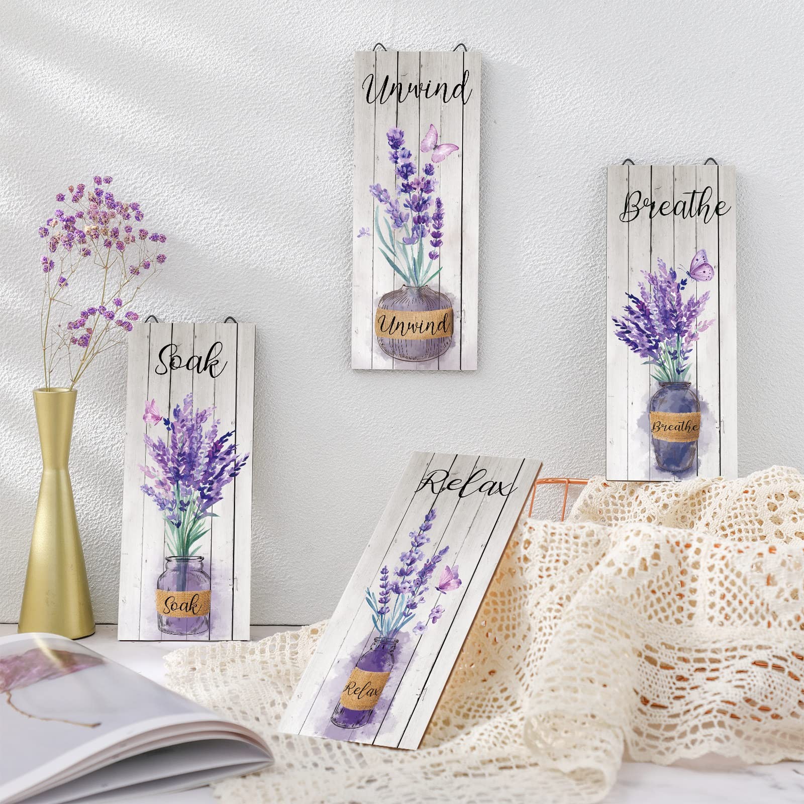 4 Pcs Lavender Bathroom Decor Purple Wall Art 10 x 4 in Purple Bathroom Boho …