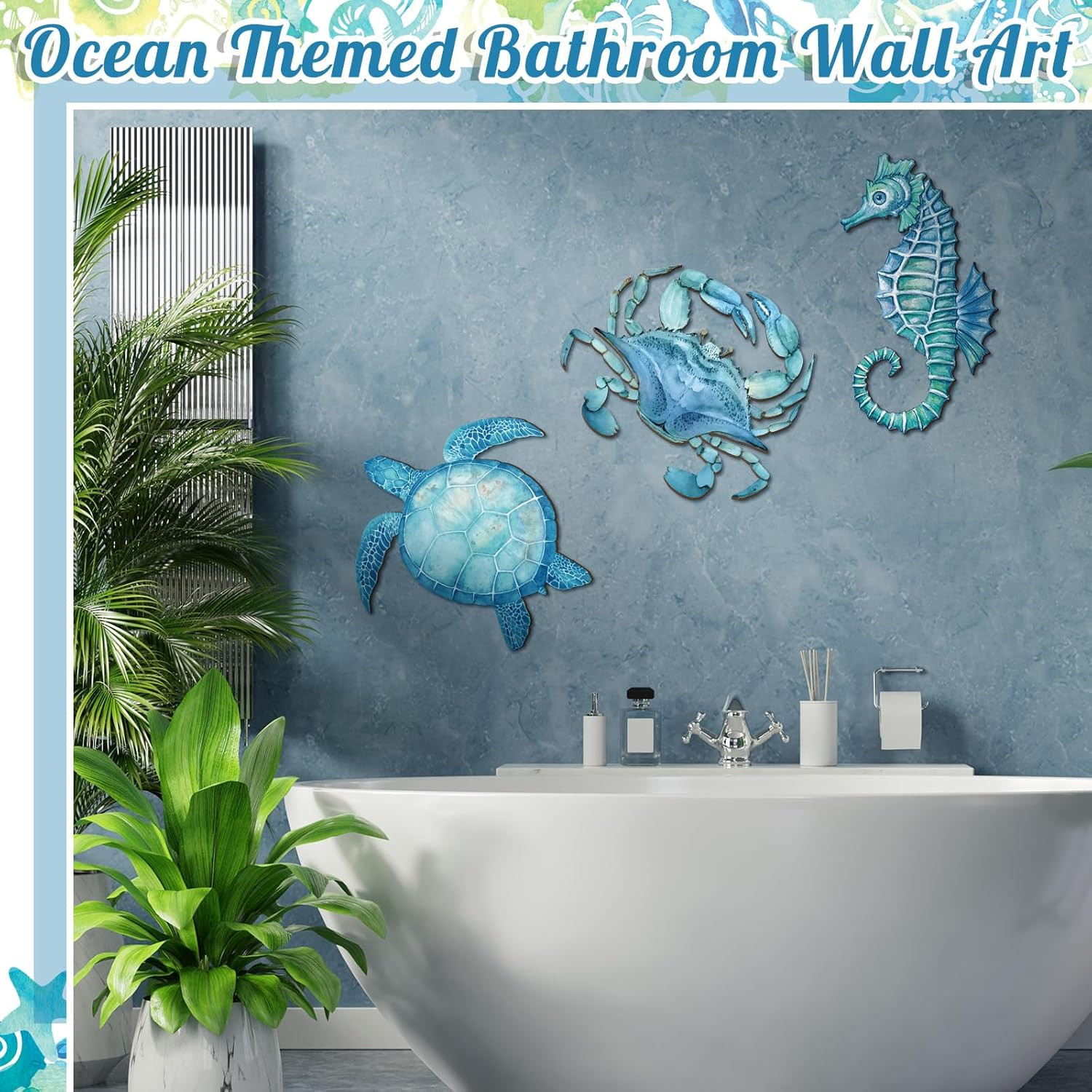 3 Pcs Summer Coastal Wall Decor Bathroom Beach Blue Wall Art Sea Turtle Surfboar