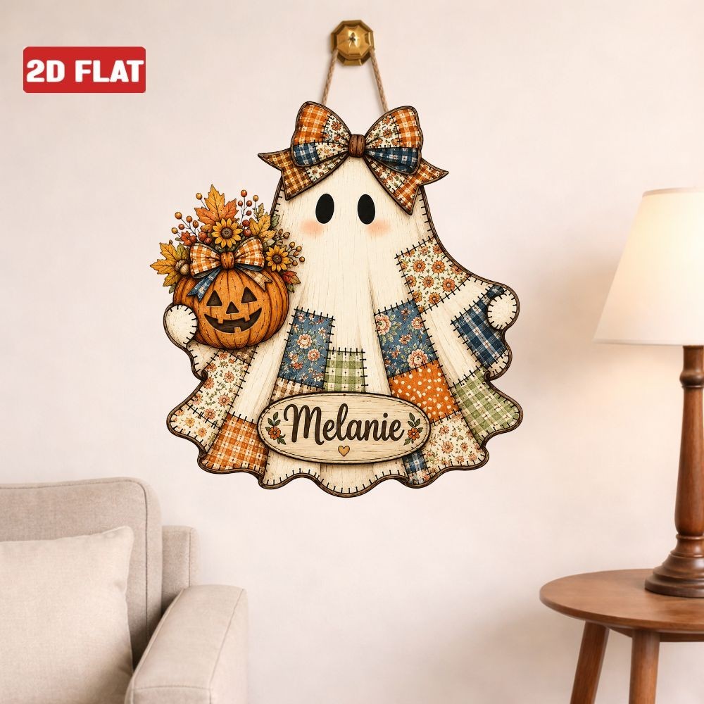 Custom Name Patchwork Ghost Door Sign Rustic Pumpkin Fall Front Wood Door Porch
