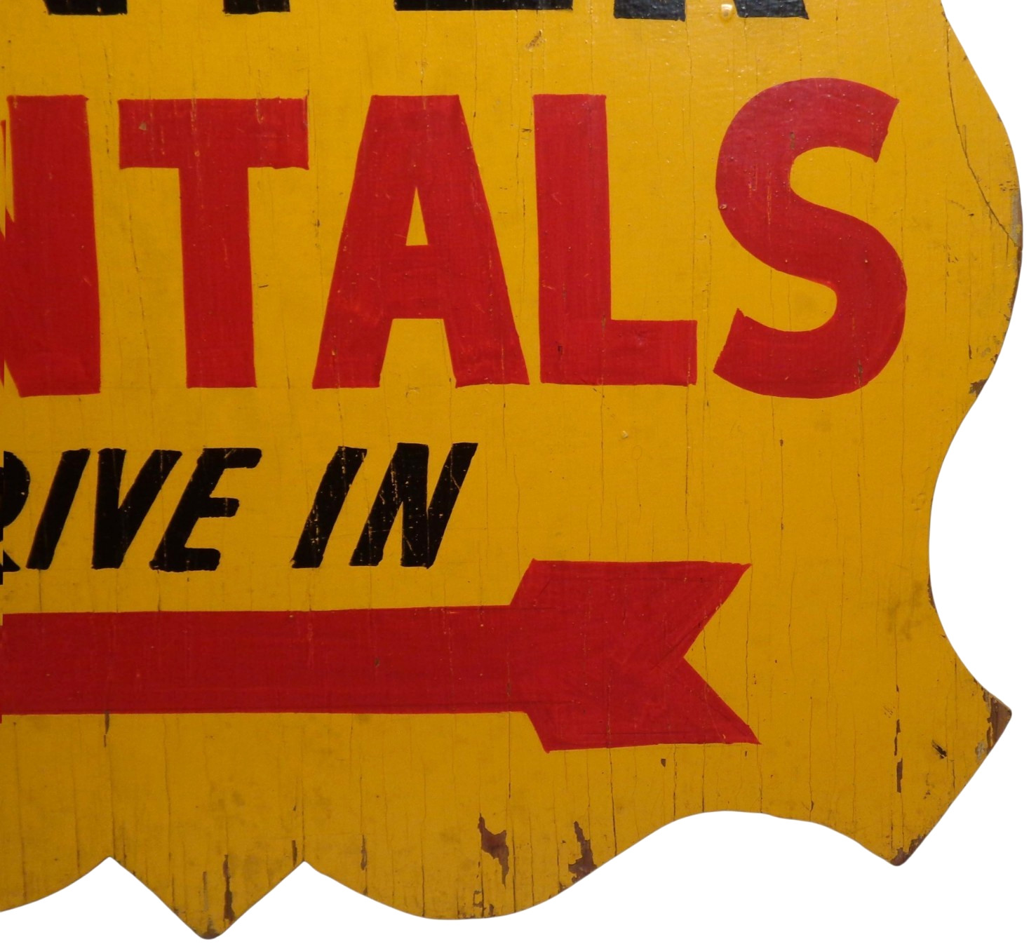 WINTER RENTALS DRIVE IN EARLY-MID 20TH C VINT HAND PAINTED JIG-CUT EDGE WDN SIGN