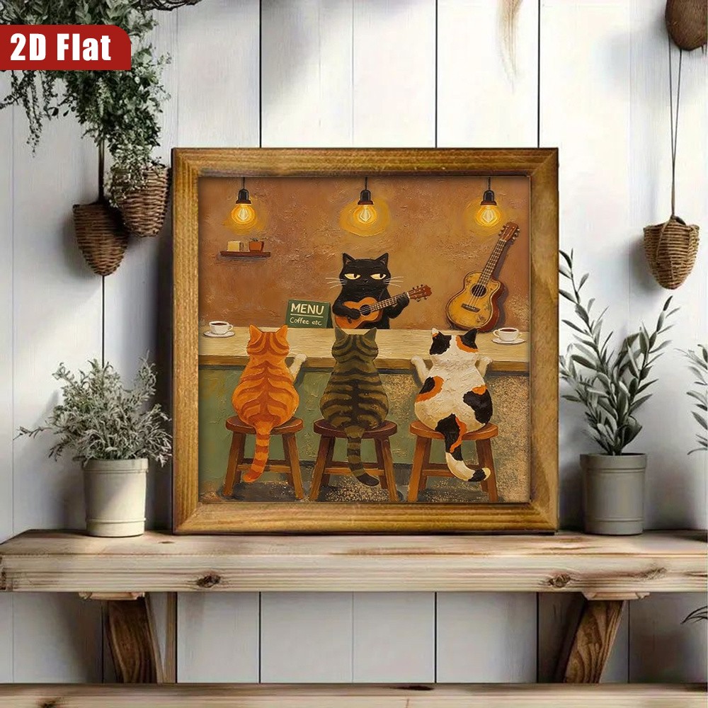 Retro Oil Painting Cat Band Guitar Coffee Bar Whimsical Living Room Wall Plaque
