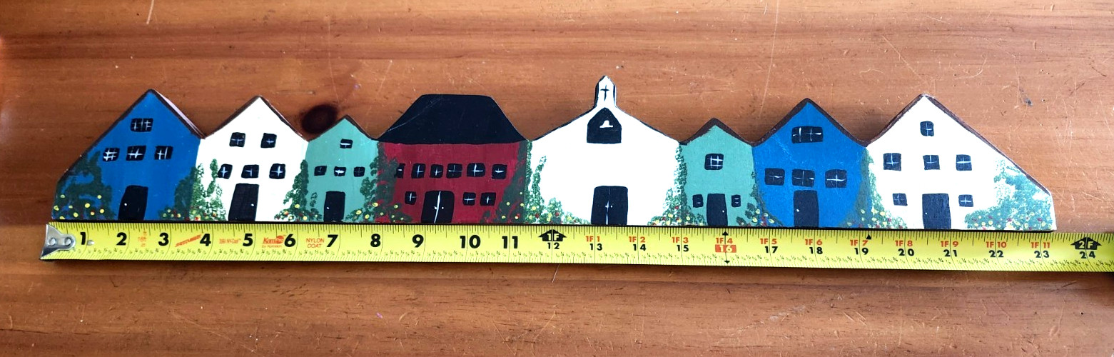 VTG Folk Art Decor Row of Colonial Houses Handmade Wooden Signed by Artist
