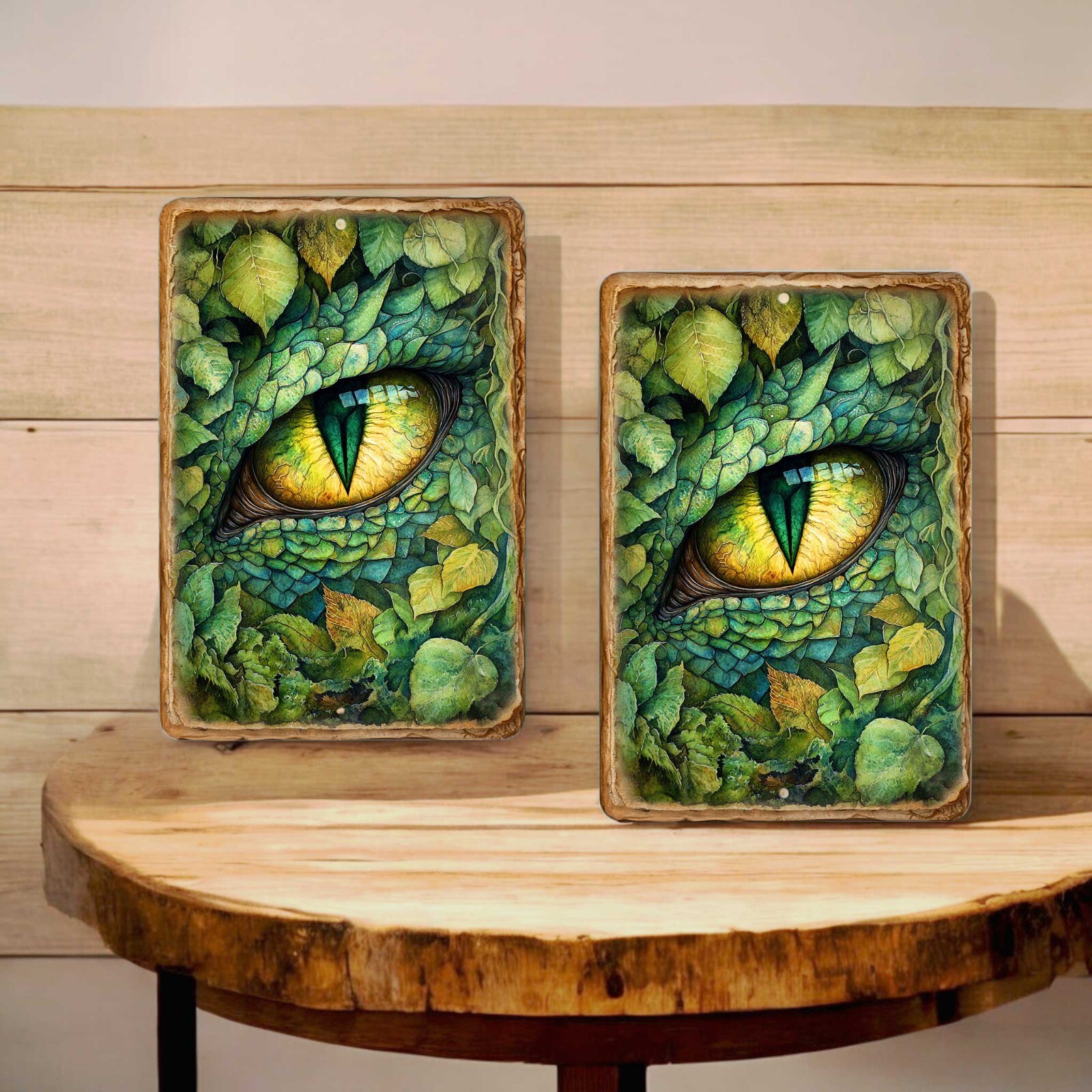 Dragon Metal Sign – Green Dragon Eye in Leaves Fantasy Wall Decor, 8×12 Inches