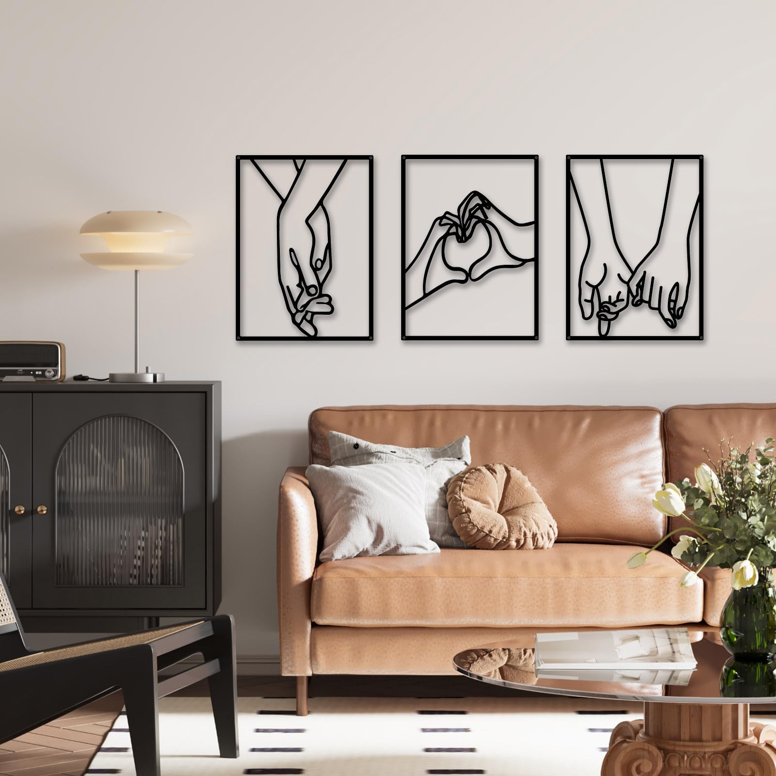 3 PCS Minimalist Heart Hands Black Metal Wall Decor Single Line Abstract Art