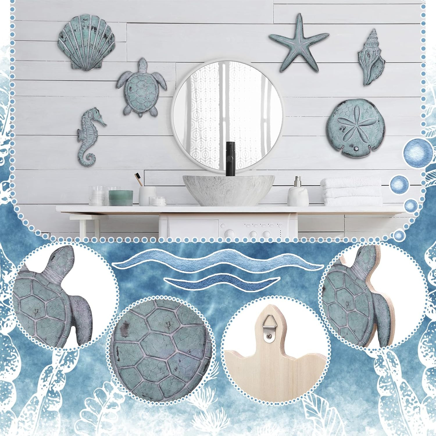6 Pcs Beach Wall Decor Summer Coastal Ocean Wall Art Vintage Seashell Starfish N