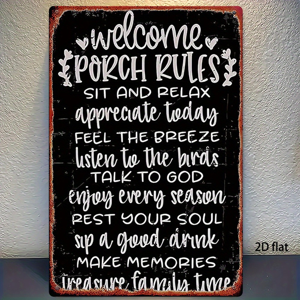 Vintage Metal Sign Porch Rules 8×12 Distressed Decor