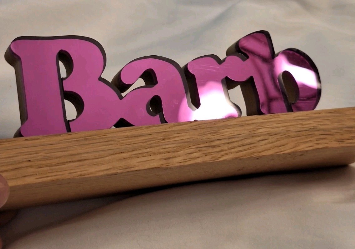 Personalized Name Desk Plaque “BARB” Purple Metallic Letters On Wood 7″ Long