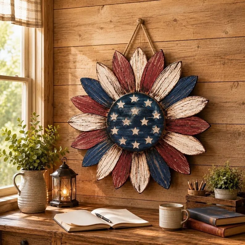 USA 250th Anniversary Patriotic Wood Door Hanger, American Flag Floral