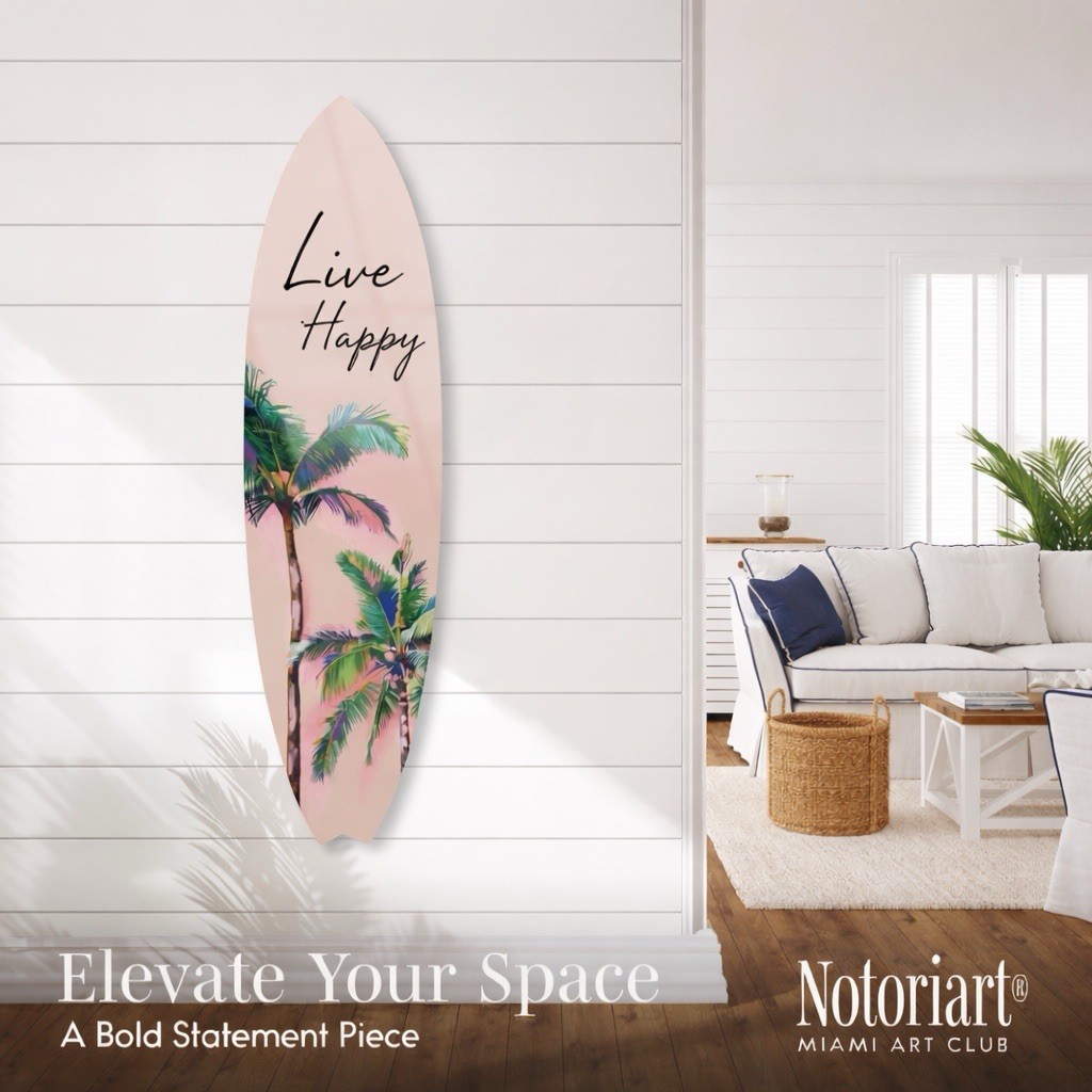 Notoriart Acrylic-Glass Surfboard Wall Sign Pink Palm Tree Tropical Art 60x14in