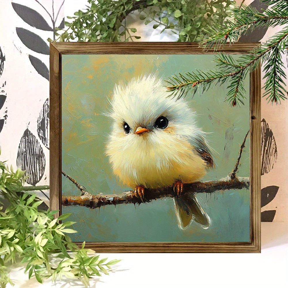Cute Fluffy Bird Oil Painting Wall Art Rustic Wood Frame Nature Home Decor Gift