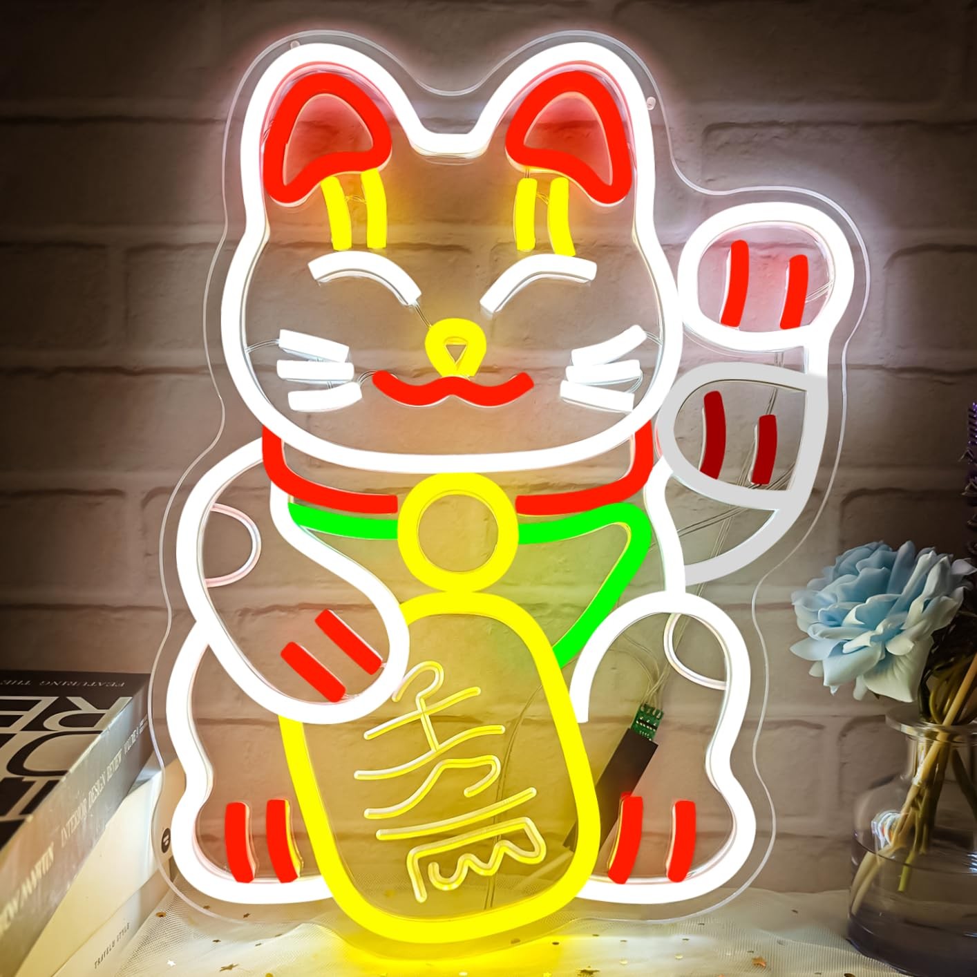 Waving Lucky Cat Neon Sign for Wall Decor Fortune Cat Led Sign Animated Maneki