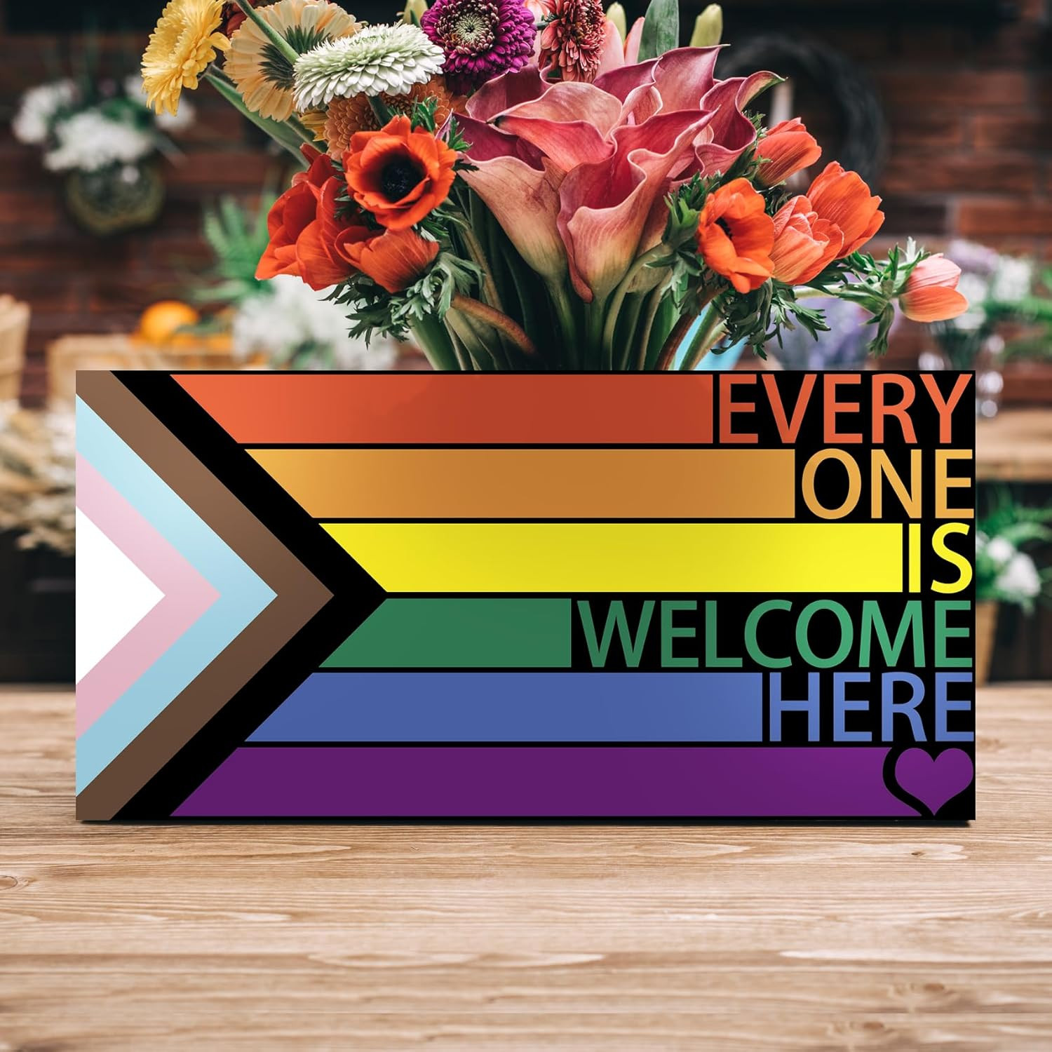 LGBT Rainbow Sign Front Door Decor, Every One Is Welcome Here Pride Flag Wooden