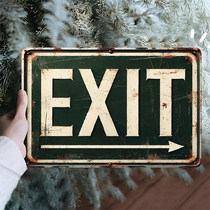 Vintage Metal Sign “Exit”, Distressed Green Paint with White Arrow, Wall Decor