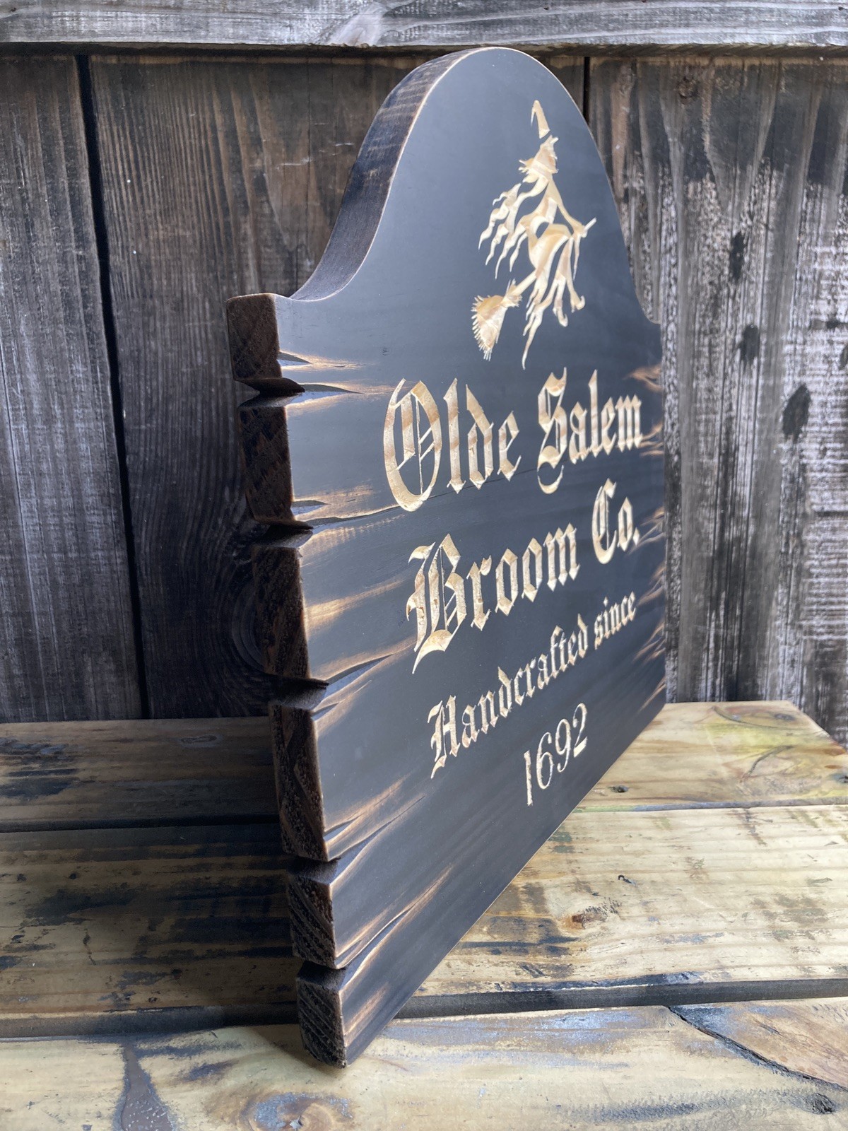 Halloween Salem Witch Broom Wooden Sign Carved Rustic Antique Look