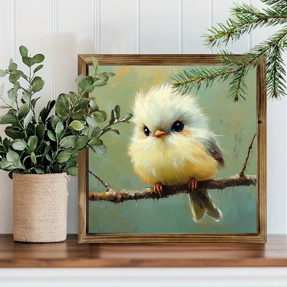 Cute Fluffy Bird Oil Painting Wall Art Rustic Wood Frame Nature Home Decor Gift