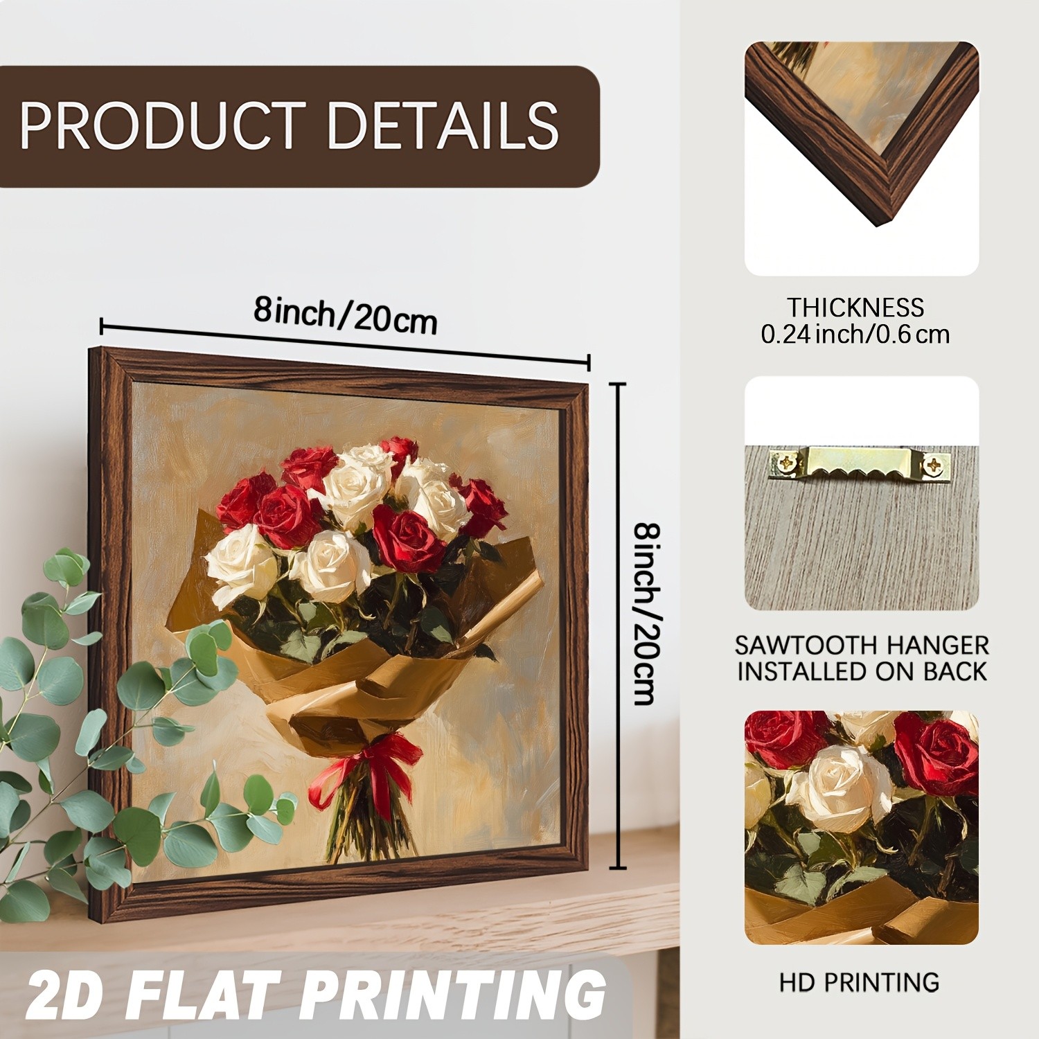 Vintage Romantic Red White Rose Bouquet Oil Painting Wooden Sign For Decor