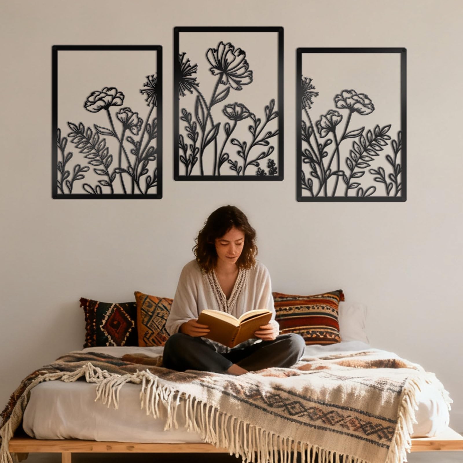 3 PCS Black Metal Wall Art Flower Line Minimalist Decor Symmetric Medium