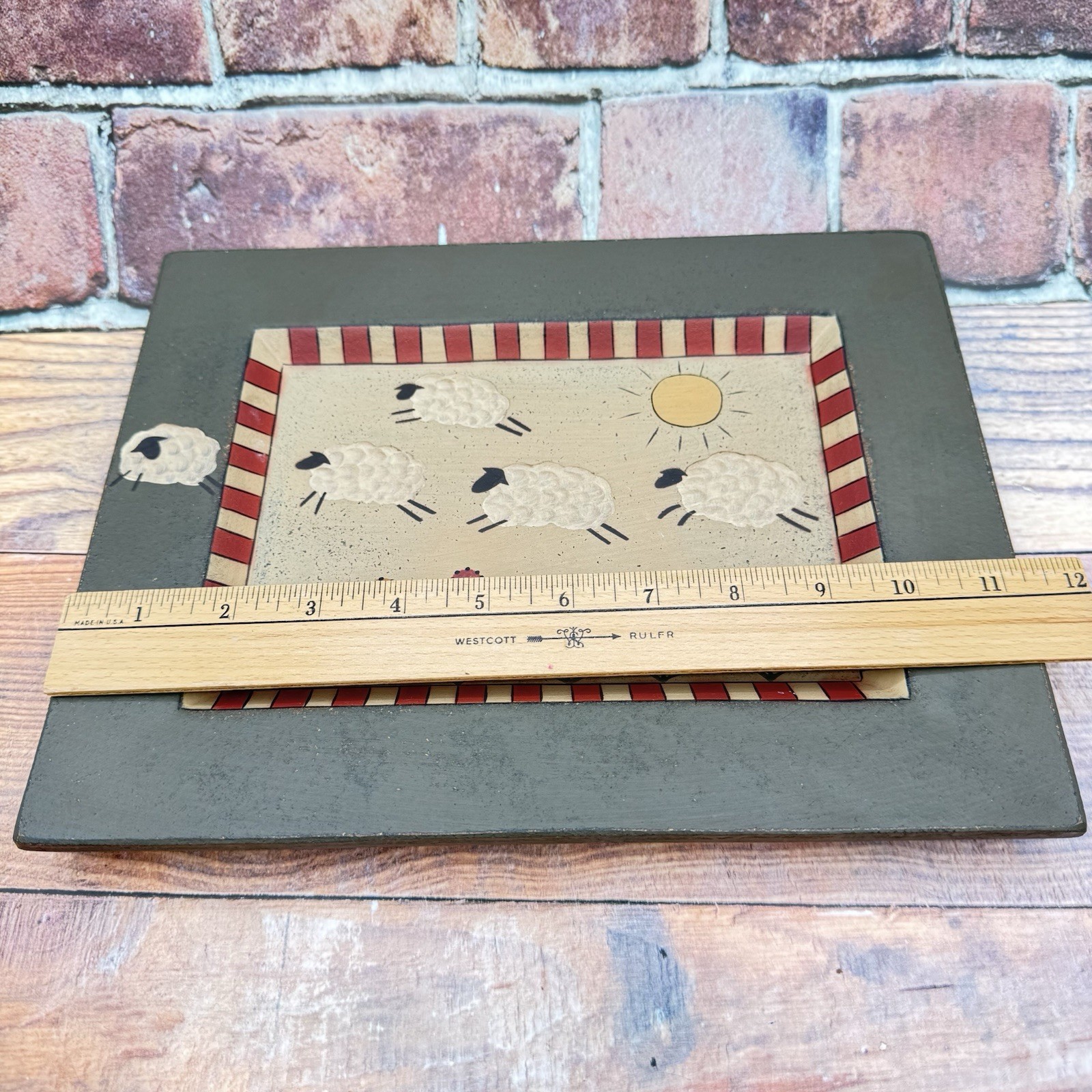 Vintage Donna White Wooden Plate Plaque Sheep Signed Folk Art Farmhouse 90s