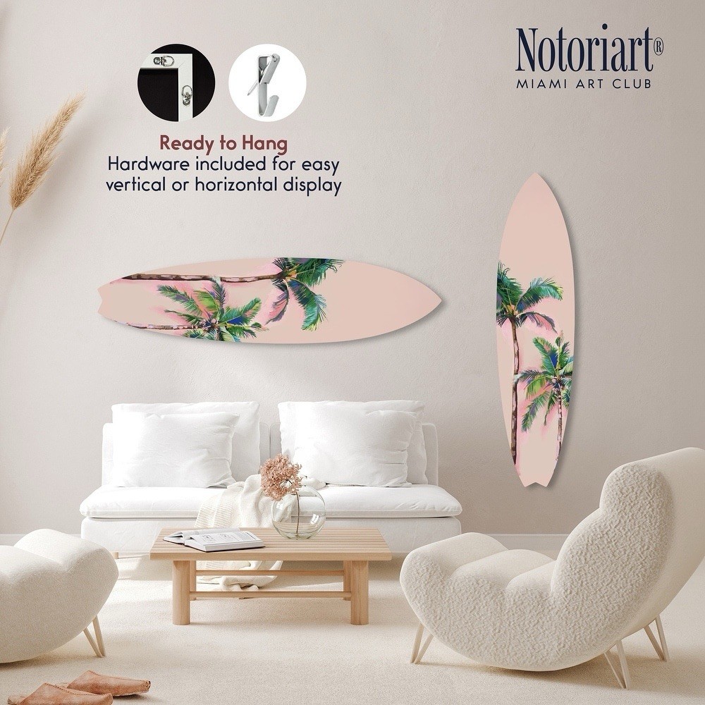 Notoriart Acrylic-Glass Surfboard Wall Sign Pink Palm Tree Tropical Art 60x14in