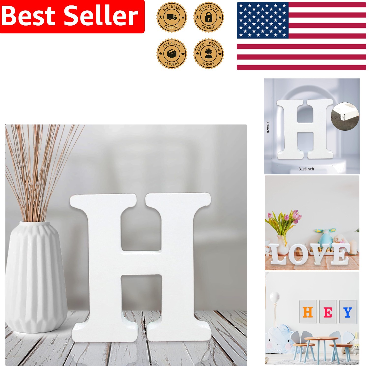 MDF Letter H 4in Unfinished Display Paintable Personalize Home Decor