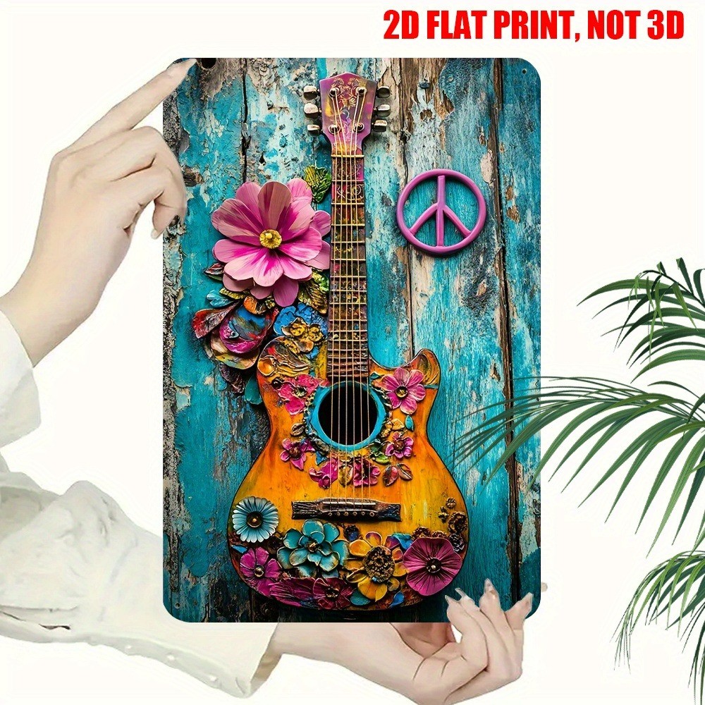 Boho Floral Guitar Metal Sign Peace Sign Hippie Wall Art Retro Music Room Decor