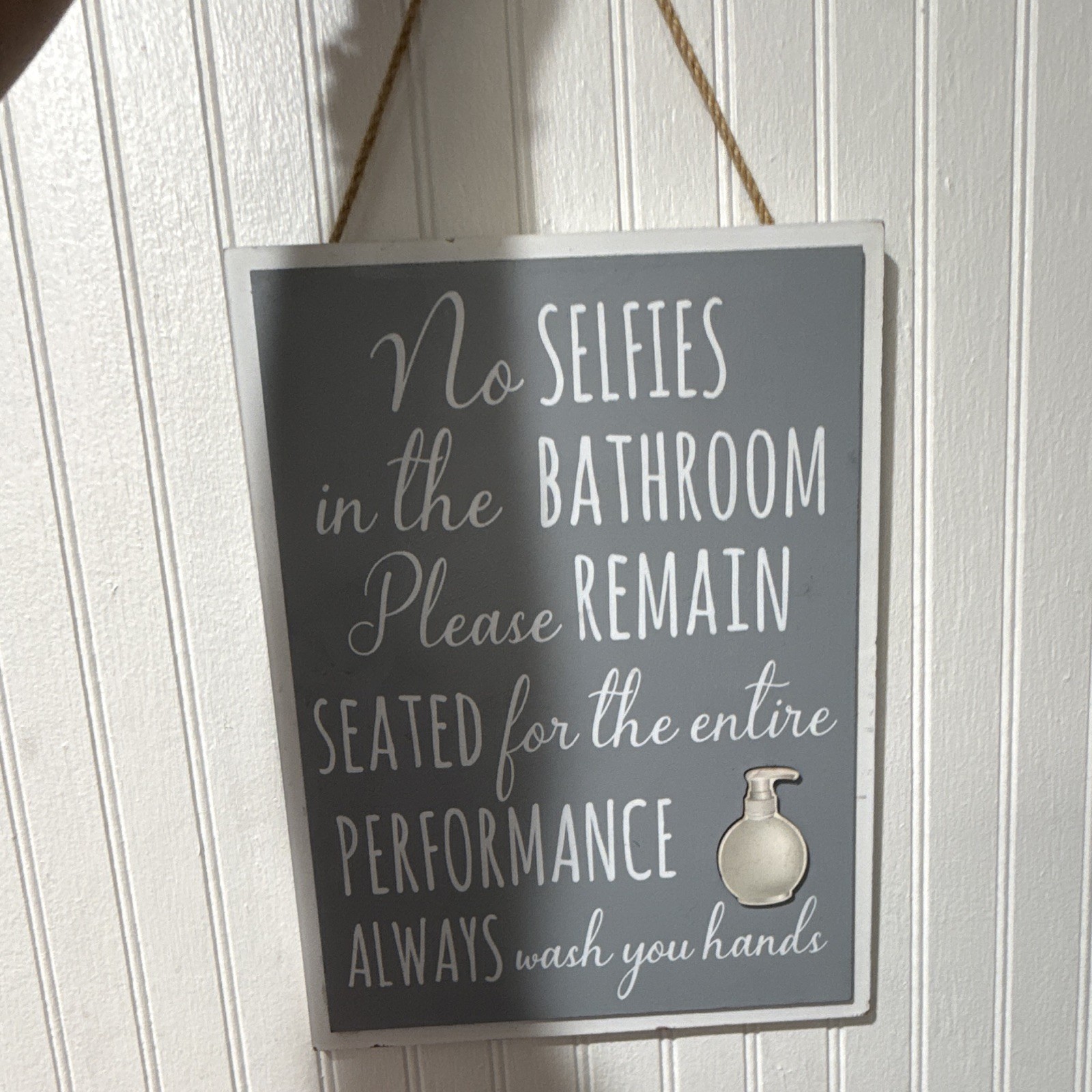 Funny Bathroom Text Wood Wall Plaque, Hanging Wall Mounted, Gray/White