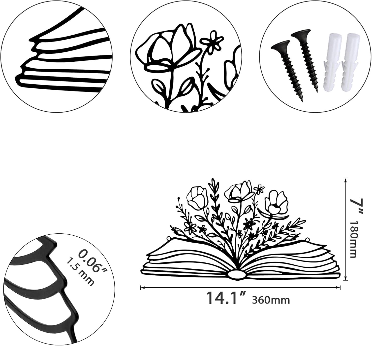 14 x 7 Inch Reading Sign Decorations Book Lover Black Metal Book Flower Wall Art