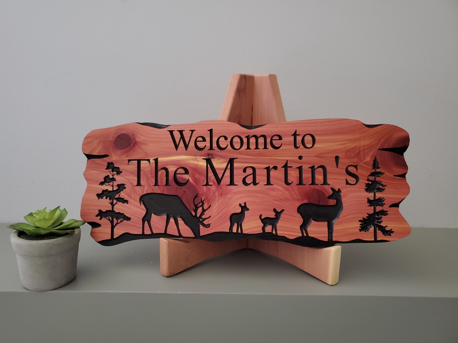 Custom Outside Family Sign Carved Wood Hanging Rustic Plaque Deer Nature Scene