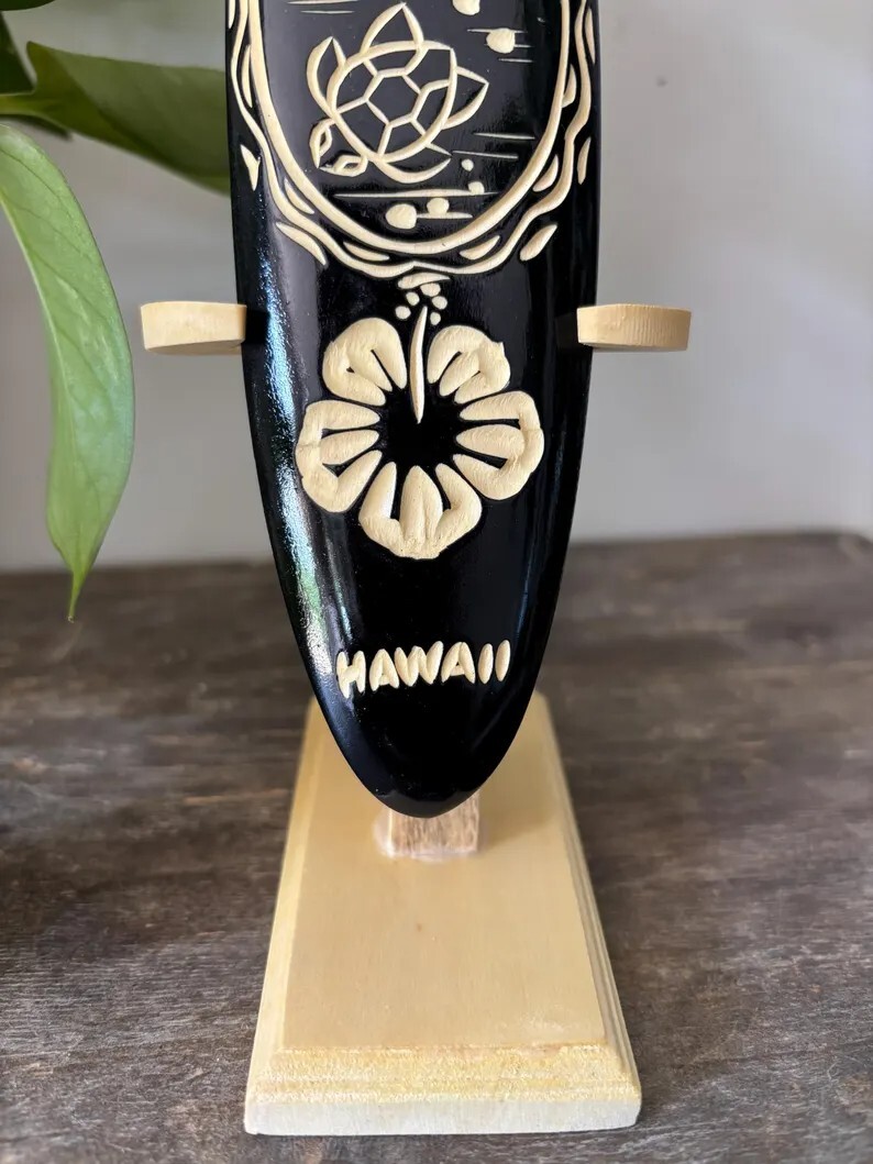 Hawaiian Hand Made 8″ Carved Wood Surfboard w/ Display Stand Engraved Hibiscus