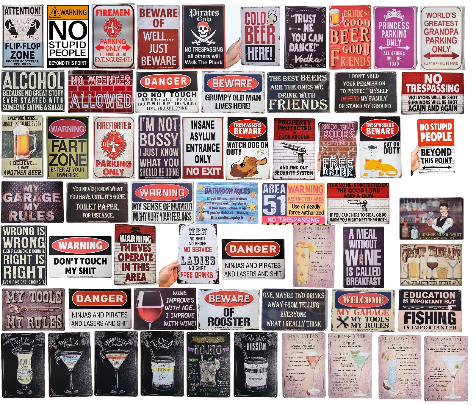 Bulk Funny Bar Novelty Metal Tin Signs – Random Assortment (8″ x 12″) Garage Man