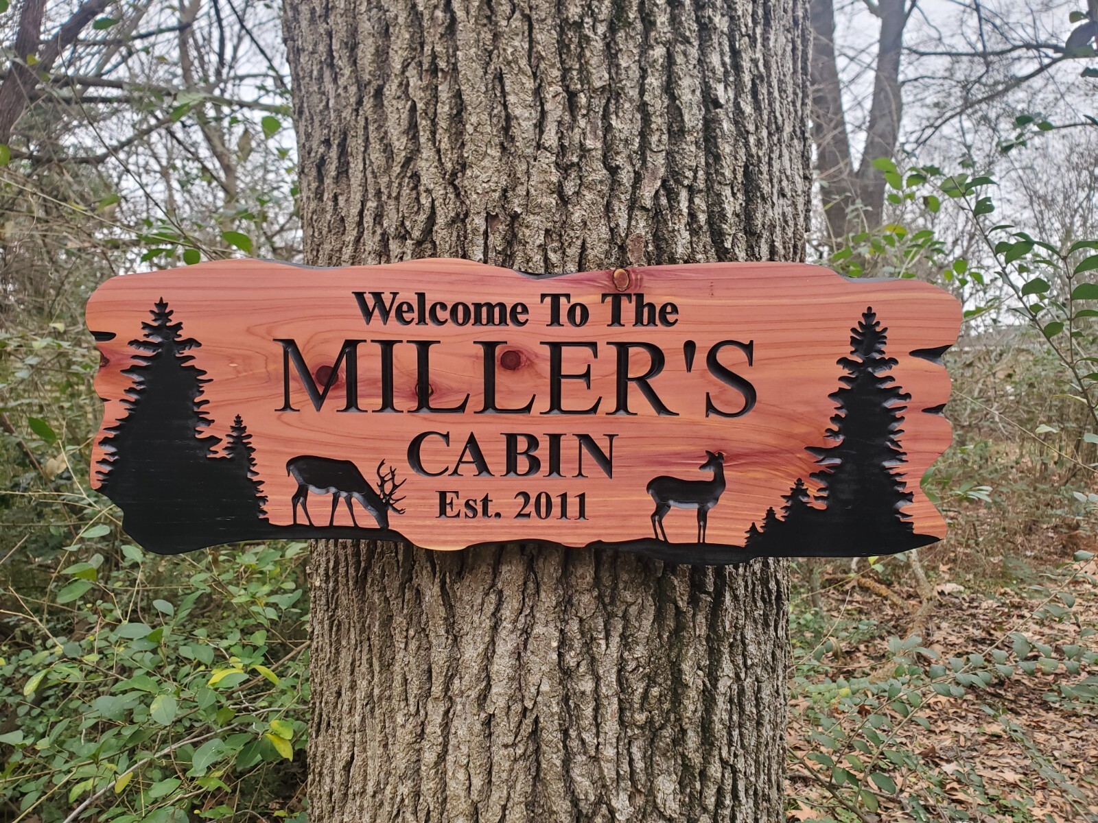 Custom Cabin Sign Carved Wood Family Name Vacation Home Plaque Deer Camp Home