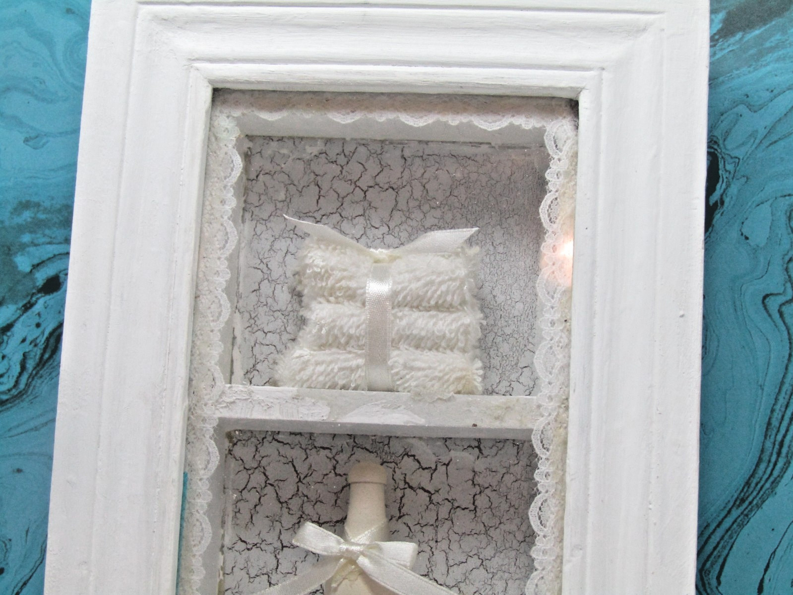 Bathroom Wall Decor Vintage White Wood Shadowbox Towels Bottle Dish
