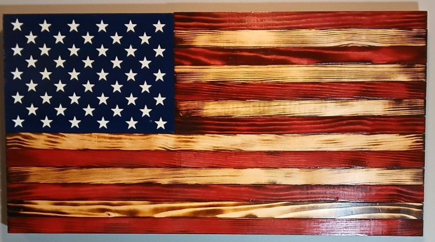 RUSTIC WOODEN AMERICAN FLAG HANDCRAFTED BURNT 25″ x 13.5″ 50 STARS IN STOCK