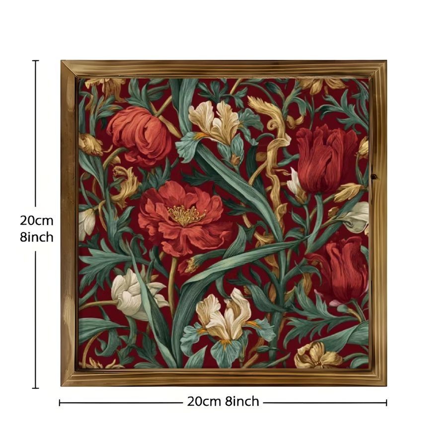 Vintage Red Floral Pattern Wooden Frame Sign Rich Red Green Botanical Wall Art