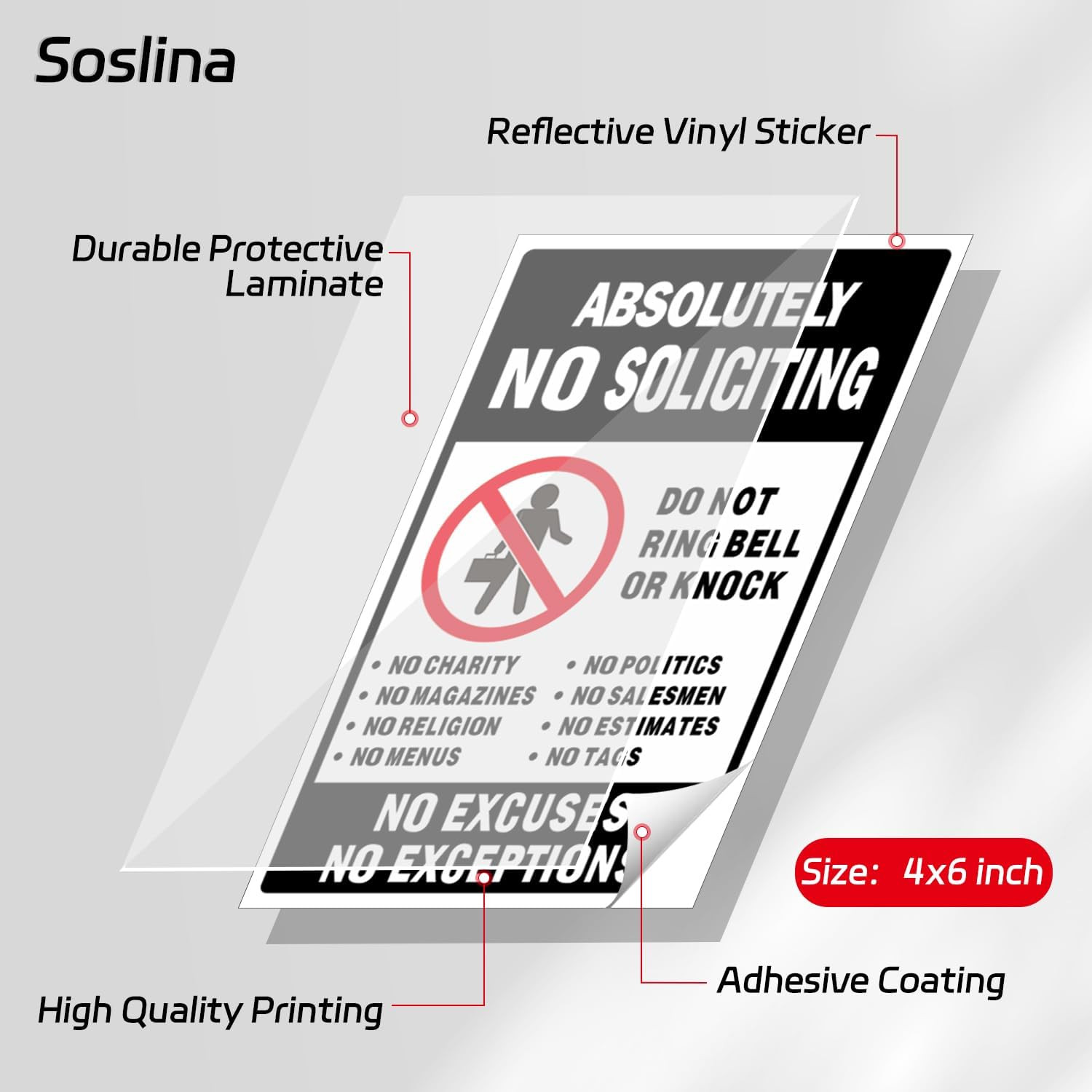No Soliciting Sign for Front Door, 3 Pack 6X4Inch Reflective Vinyl Stickers |