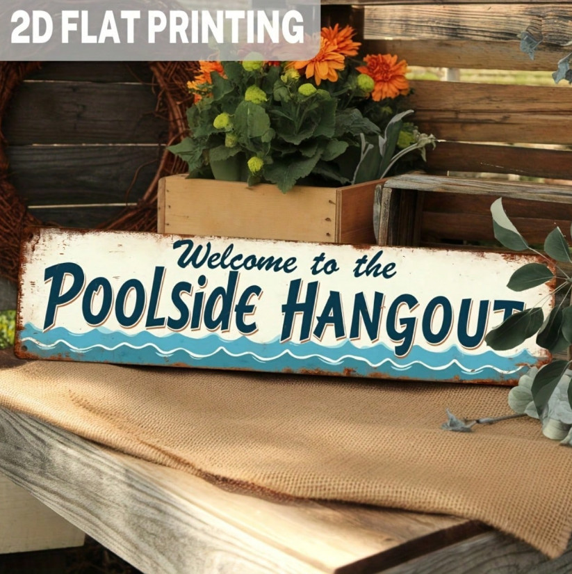 Vintage Poolside Hangout Metal Wall Sign Retro Pool House Bar Decor 8×12