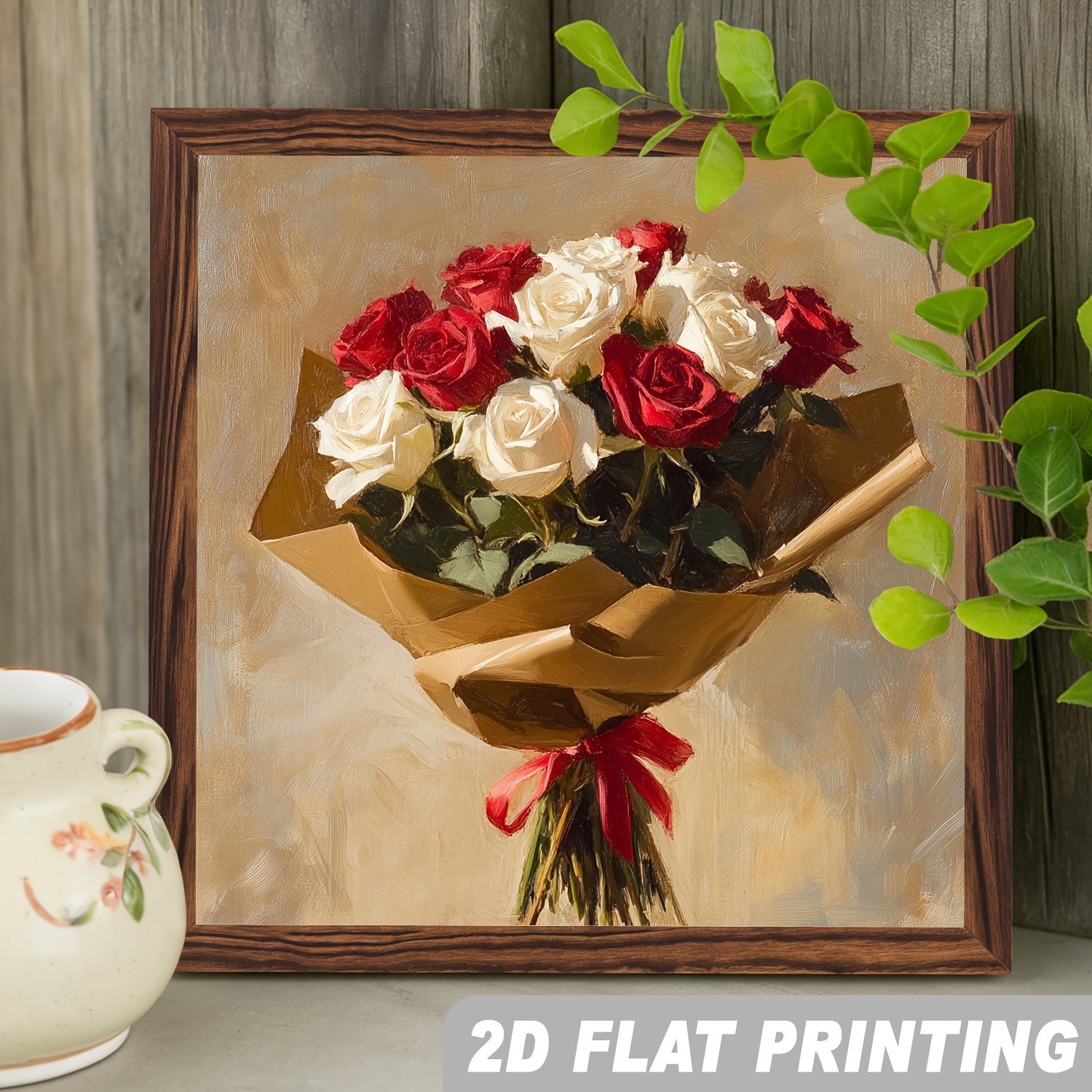 Vintage Romantic Red White Rose Bouquet Oil Painting Wooden Sign For Decor