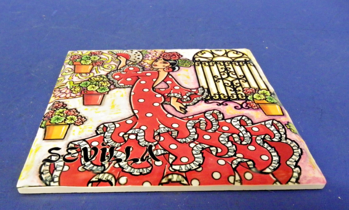 Flamenco Dancer Glossy Ceramic Tile Wall Hanging Plaque Sevilla Spain 6.5″ x6.5