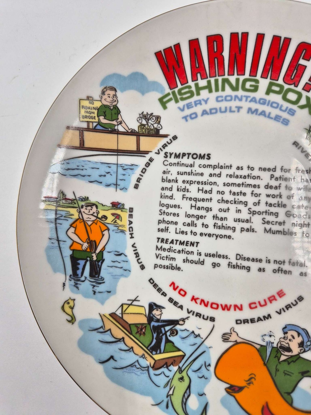 Humorous Fishing Pox Warning Decorative Plate Adult Novelty Gag Gift Virus Used