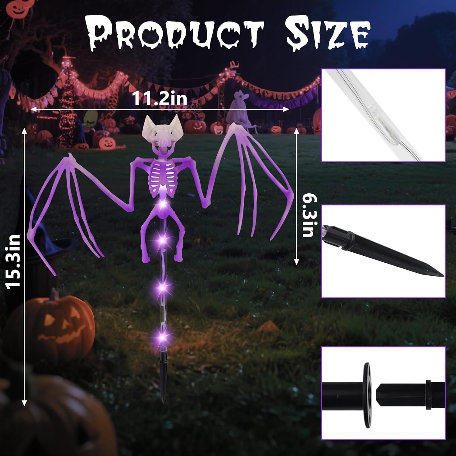 Solar Halloween Decorations Outdoor – 4Pcs 3D Scary Bat & Skeleton Lights