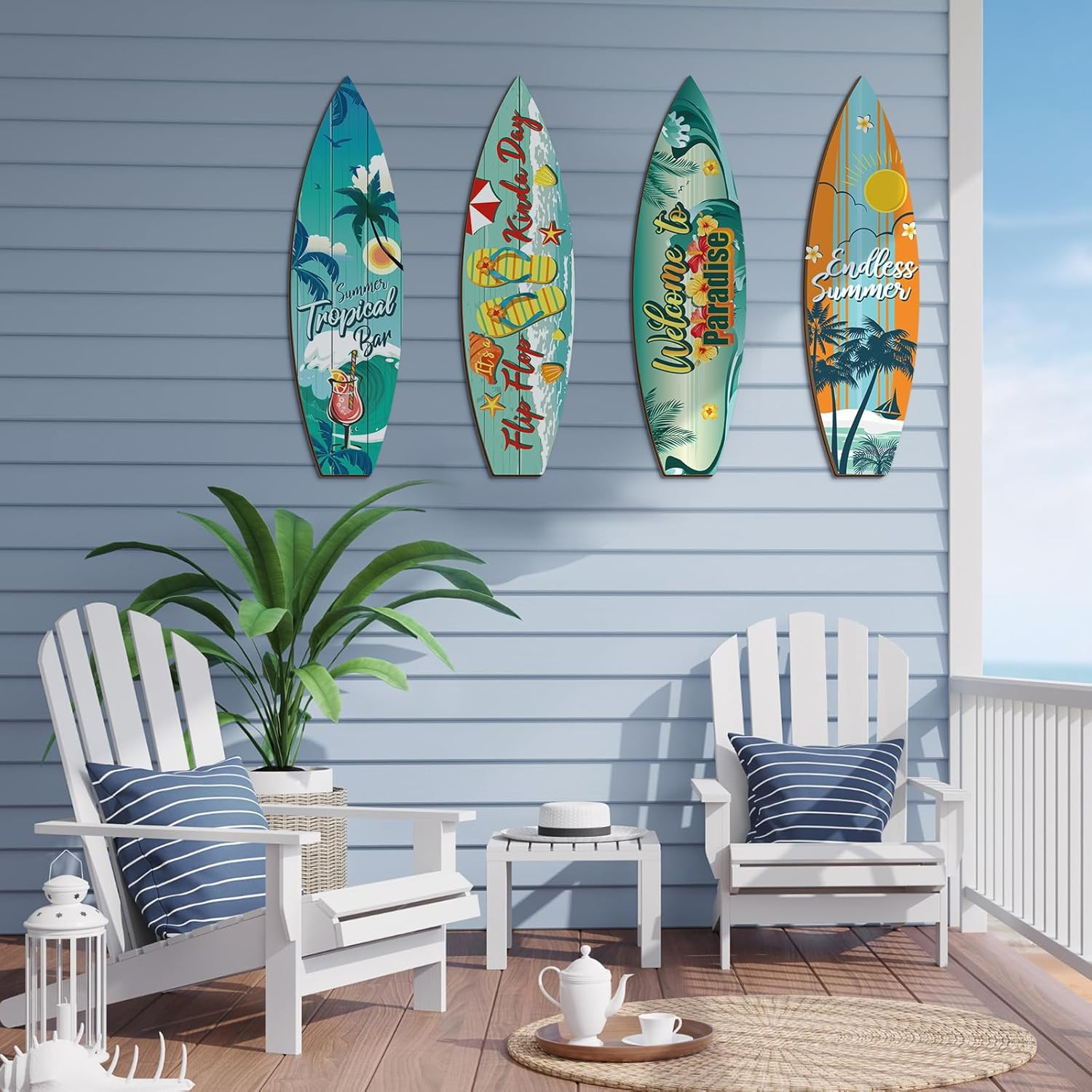4 Pcs Surfboard Decor Hawaiian Wooden Beach Wall Decor Tiki Tropical Bar Decorat