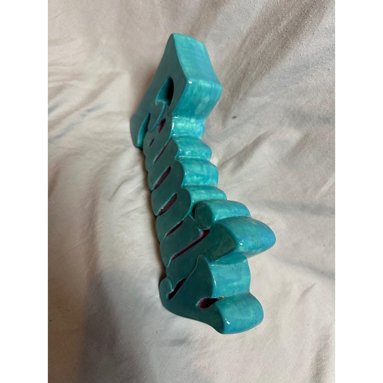 Turquoise Teal Ceramic Family Word Sign Freestanding Tabletop Decor Glossy 10in